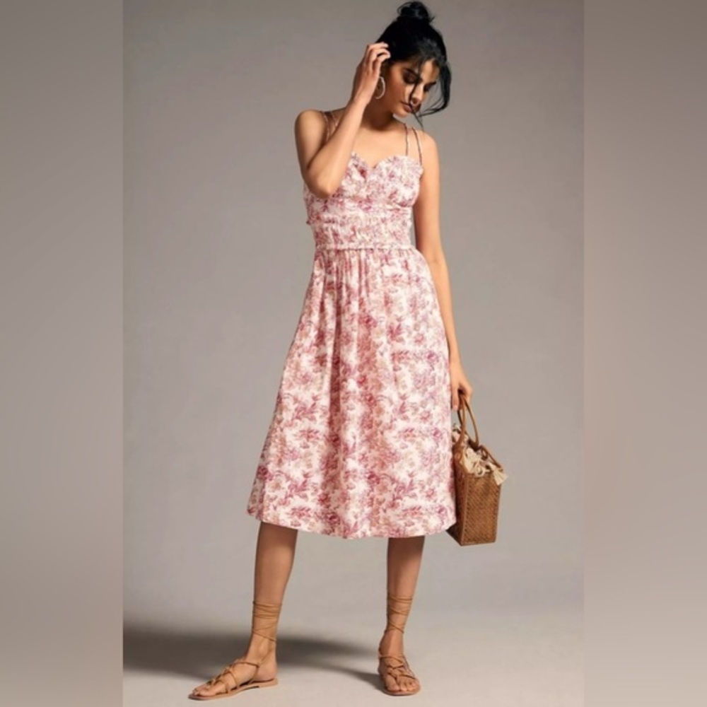 Anthropologie Corset Midi Sundress Size Small Floral Pink Cottagecore Romantic
